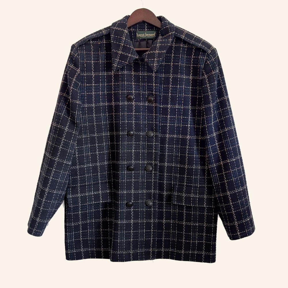 Hervé Benard Double-Breasted Plaid Wool Blend Jacket